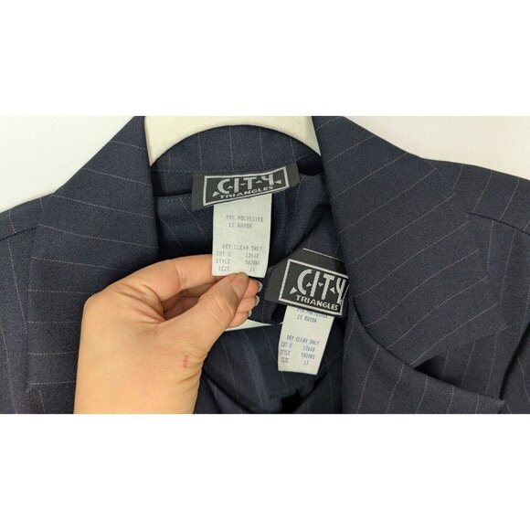 VINTAGE 90s Y2K City Triangles 13 Blazer Jacket Suit Dress Set Navy Pin Stripe - Picture 14 of 16